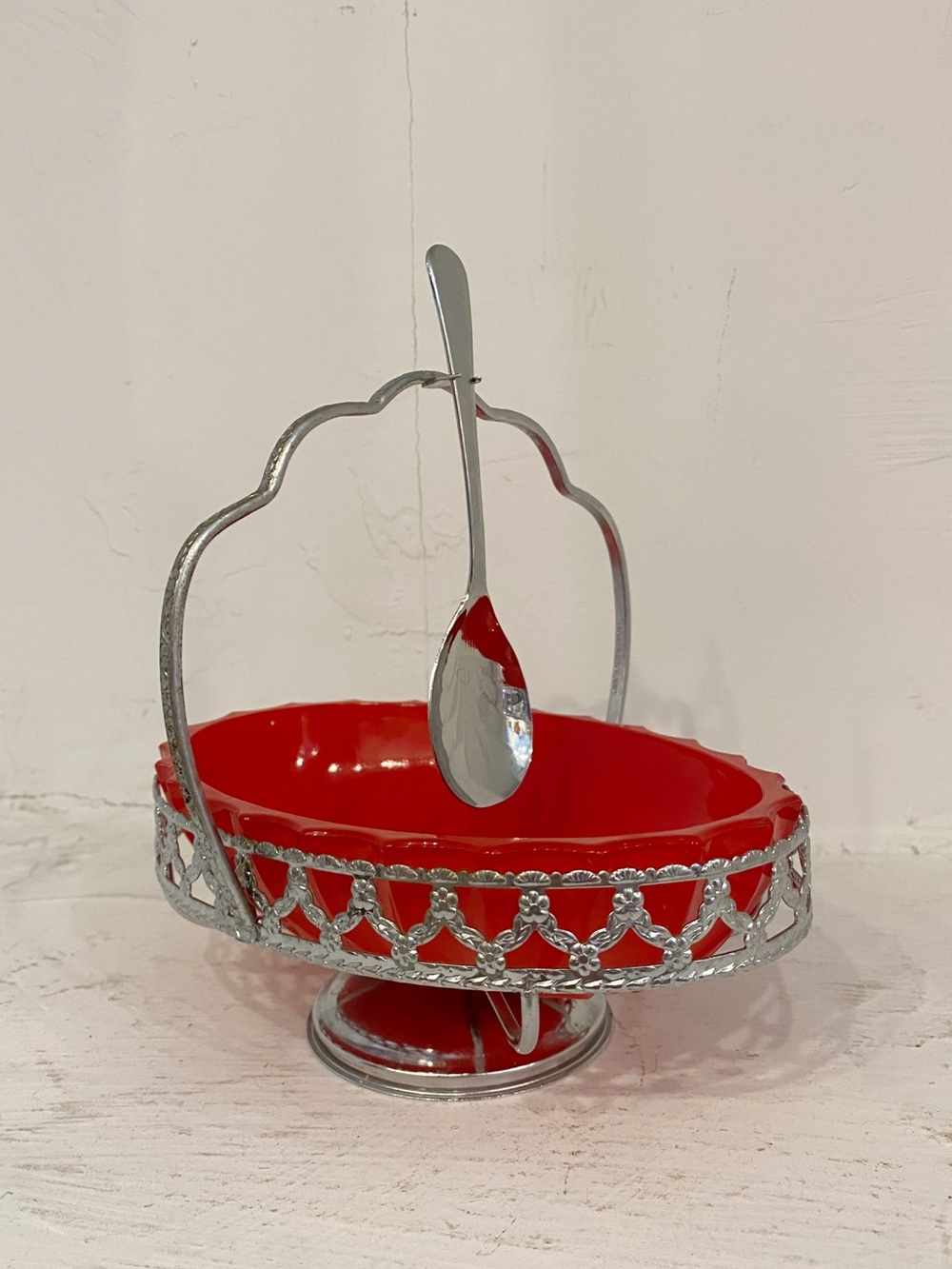Vintage Red Glass Jelly Condiment Serving Caddy w Silver Metal Stand and Spoon